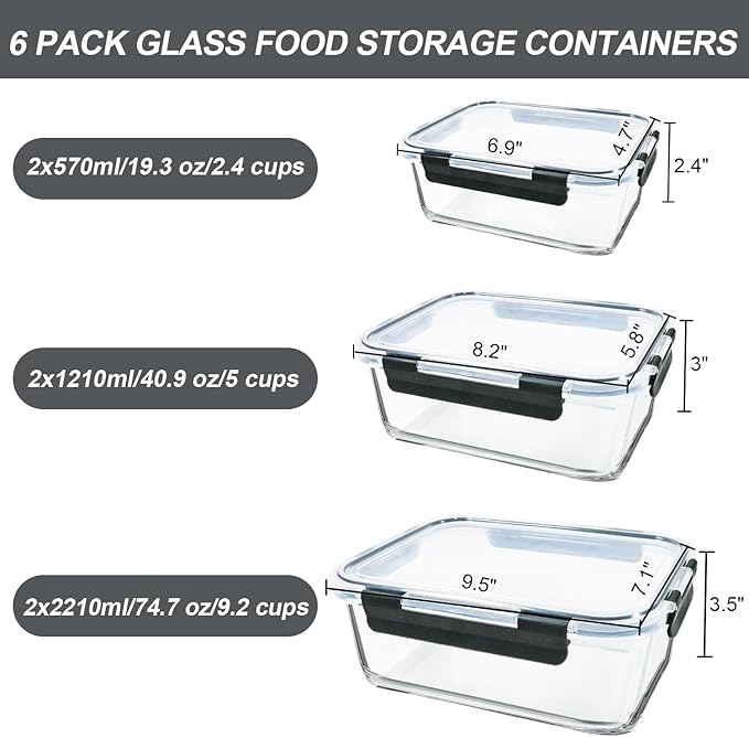 Extra Large Glass Food Storage Containers Set with Lids – 6 Pack (74.7oz / 40.9oz / 19.3oz)