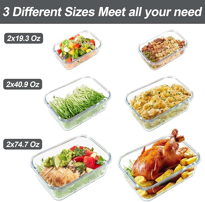 Extra Large Glass Food Storage Containers Set with Lids – 6 Pack (74.7oz / 40.9oz / 19.3oz)