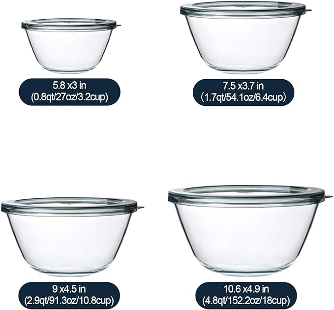 Glass Mixing Bowls with Lids – 4-Pack Nesting Set (0.8, 1.7, 2.9, 4.8 Qt)