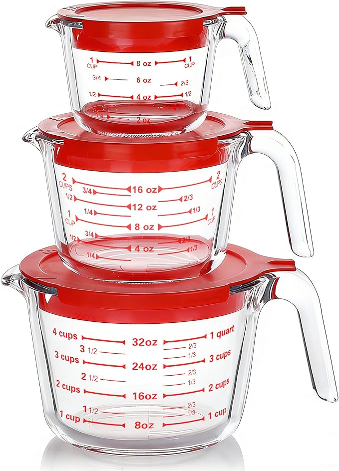 Glass Measuring Cups with Lids – 6-Piece Set (1-Cup, 2-Cup, 4-Cup)
