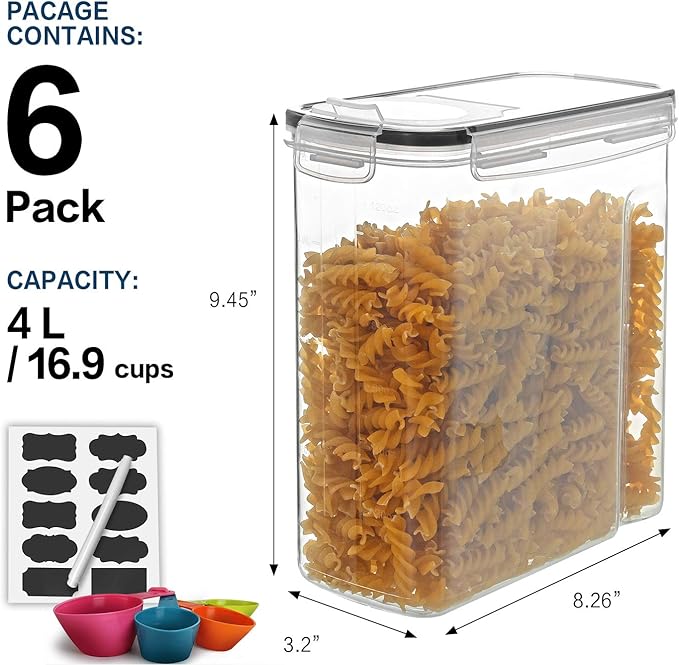 Airtight Cereal Container Set – 6-Pack, 4L / 135.2oz Each with Measuring Tools
