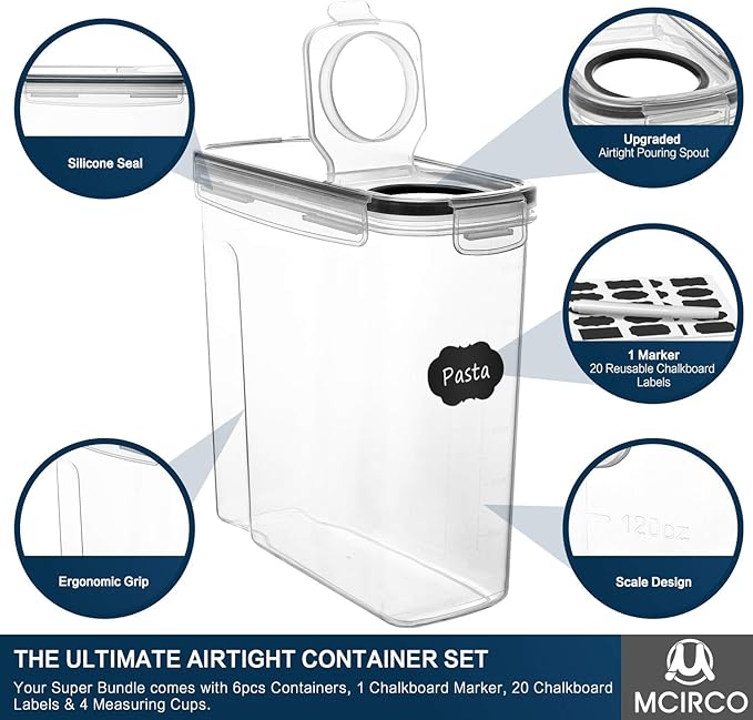 Airtight Cereal Container Set – 6-Pack, 4L / 135.2oz Each with Measuring Tools