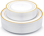 Gold Rim Plastic Plates – 100-Piece Set (50 Dinner + 50 Dessert Plates)