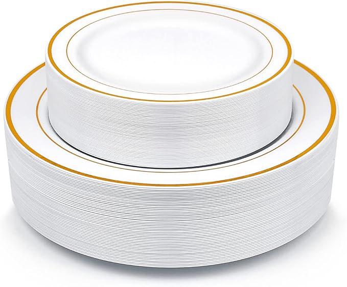 Gold Rim Plastic Plates – 100-Piece Set (50 Dinner + 50 Dessert Plates)