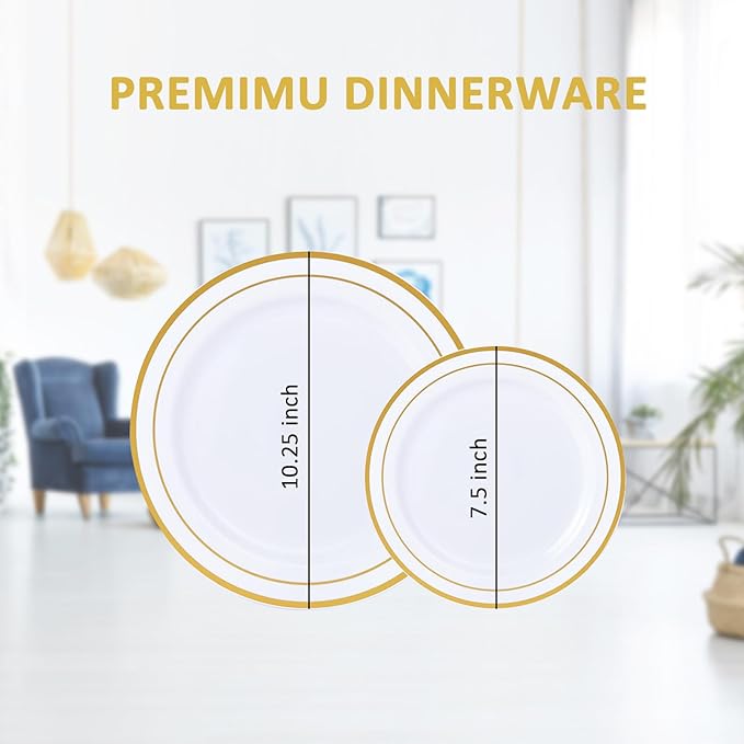 Gold Rim Plastic Plates – 100-Piece Set (50 Dinner + 50 Dessert Plates)
