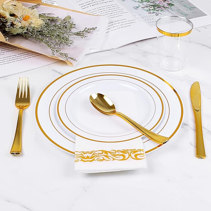 Gold Rim Plastic Plates – 100-Piece Set (50 Dinner + 50 Dessert Plates)