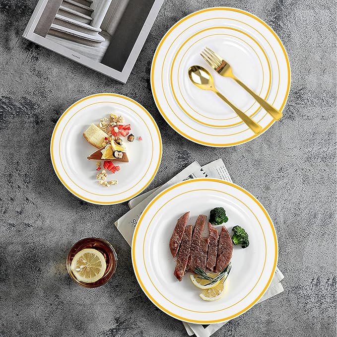 Gold Rim Plastic Plates – 100-Piece Set (50 Dinner + 50 Dessert Plates)