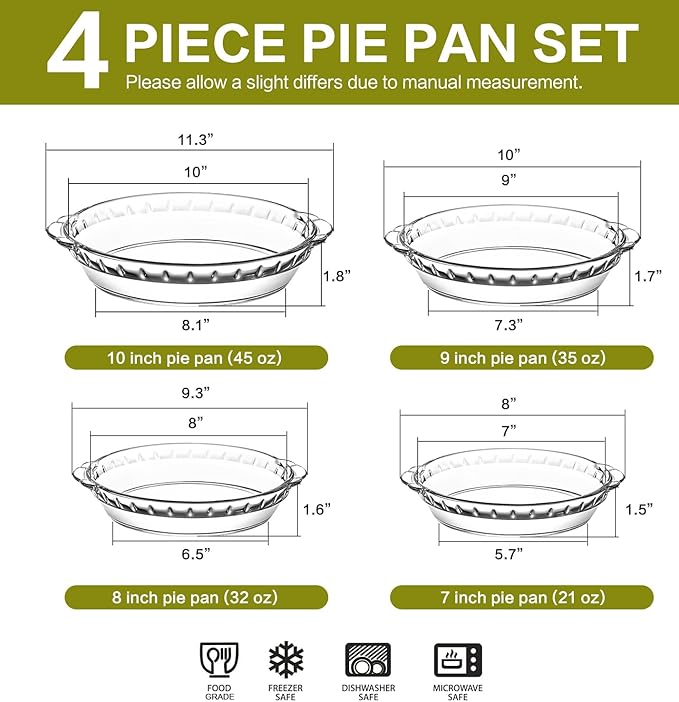 Glass Pie Plates with Handles – 4-Pack Set (7", 8", 9", 10")