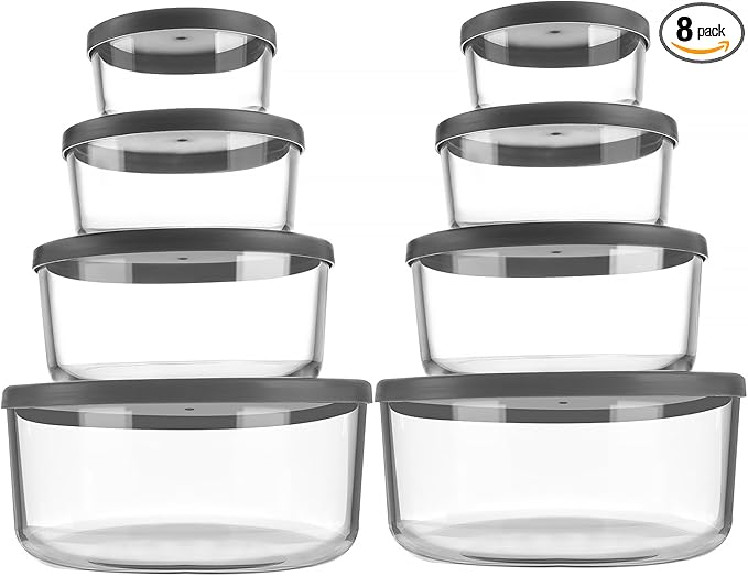 Round Glass Food Storage Containers with Lids – 8-Pack (1, 2, 4 & 7-Cup)