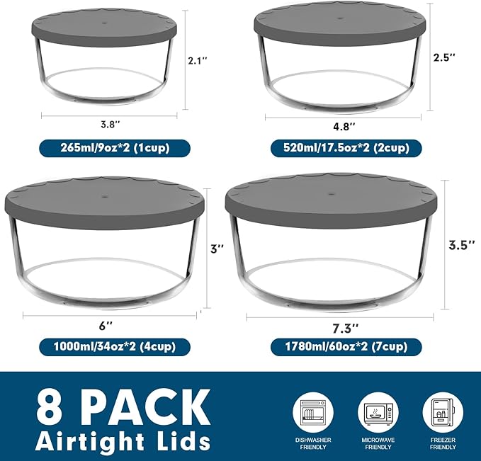 Round Glass Food Storage Containers with Lids – 8-Pack (1, 2, 4 & 7-Cup)
