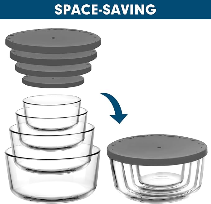 Round Glass Food Storage Containers with Lids – 8-Pack (1, 2, 4 & 7-Cup)