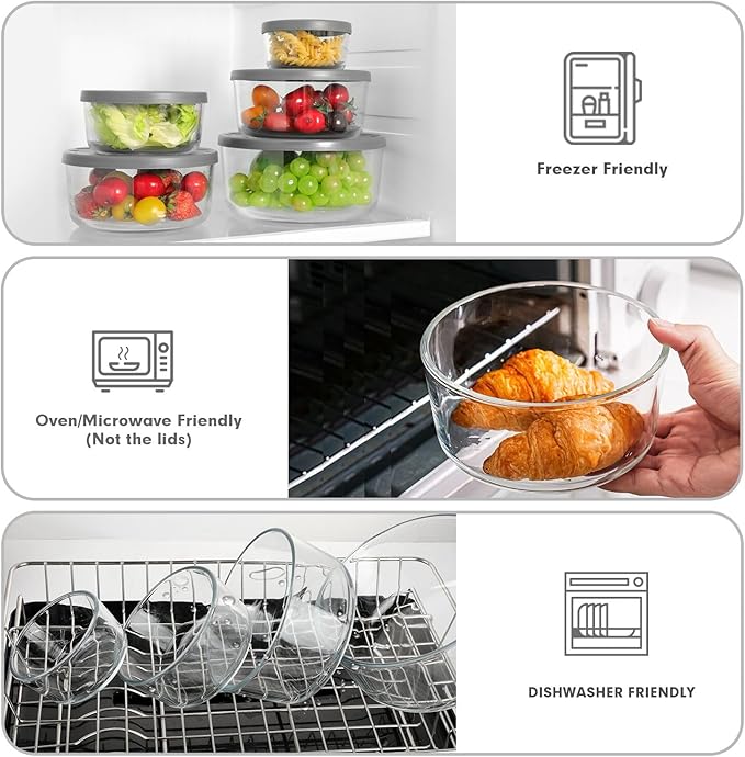 Round Glass Food Storage Containers with Lids – 8-Pack (1, 2, 4 & 7-Cup)