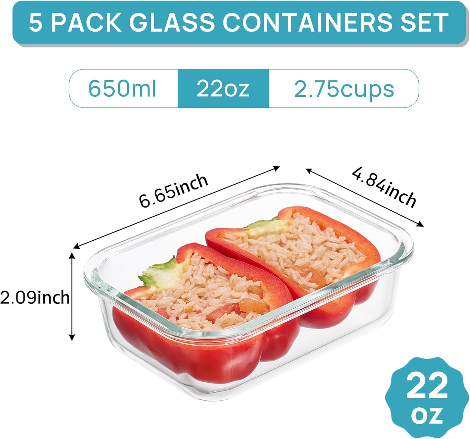 5-Pack 22oz Glass Meal Prep Containers with Snap Lids – Grey
