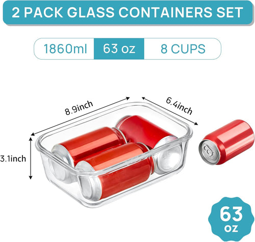2-Pack 63oz Large Glass Food Storage Containers with Airtight Snap Lids – Grey