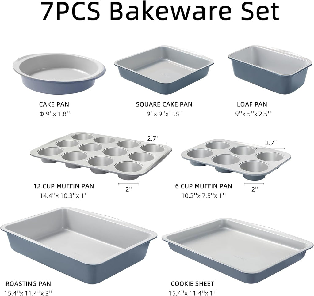 7-Piece Nonstick Bakeware Set – Cookie Sheet, Muffin, Bread, Cake & Roasting Pans | Grey & Blue