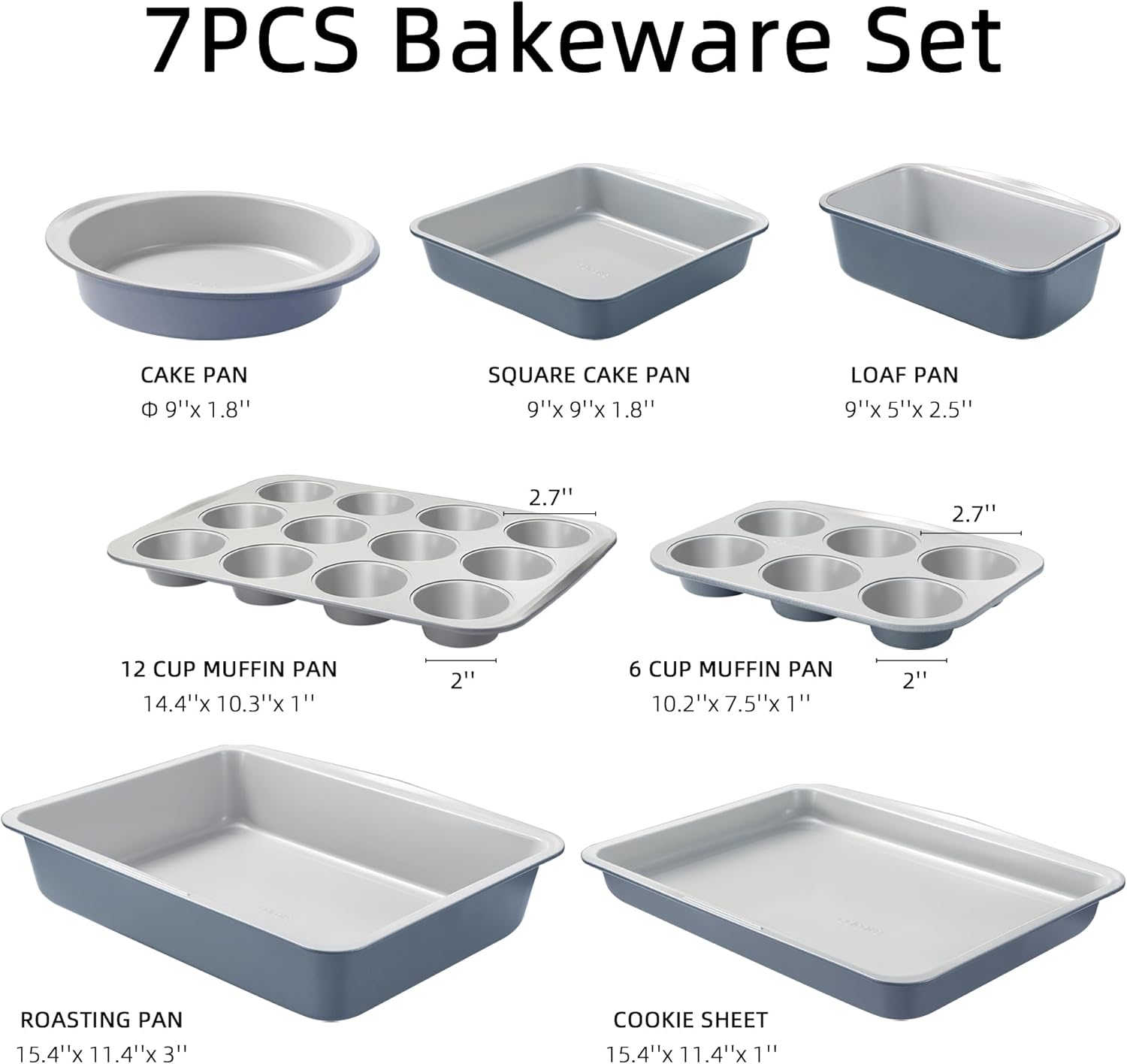 7-Piece Nonstick Bakeware Set – Cookie Sheet, Muffin, Bread, Cake & Roasting Pans | Grey & Blue