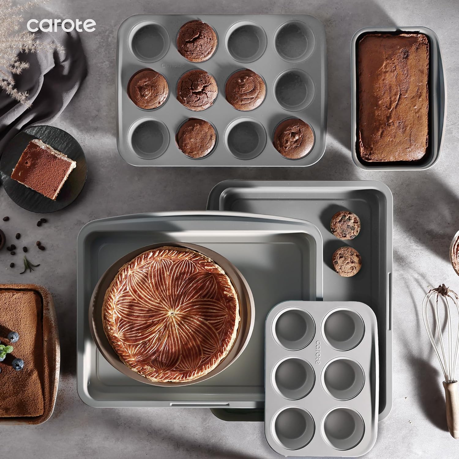 7-Piece Nonstick Bakeware Set – Cookie Sheet, Muffin, Bread, Cake & Roasting Pans | Grey & Blue