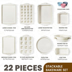 22-Piece Nonstick Bakeware Set with Silicone Handles – 450°F Oven Safe | Cream