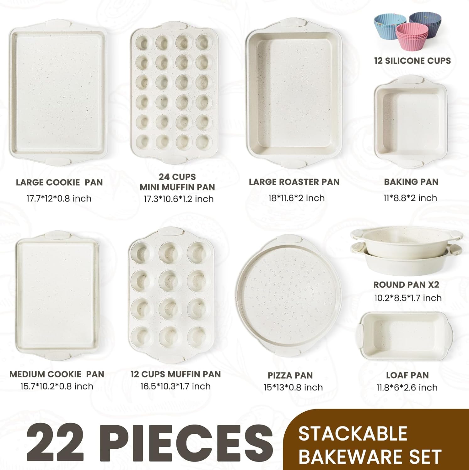22-Piece Nonstick Bakeware Set with Silicone Handles – 450°F Oven Safe | Cream