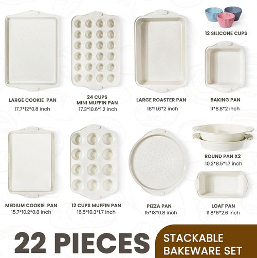 22-Piece Nonstick Bakeware Set with Silicone Handles – 450°F Oven Safe | Cream