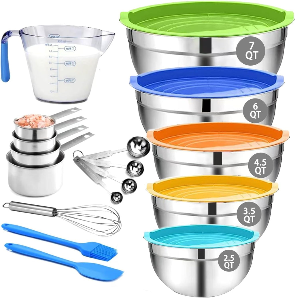 22-Piece Stainless Steel Mixing Bowl Set with Lids, Measuring Cups & Spoons