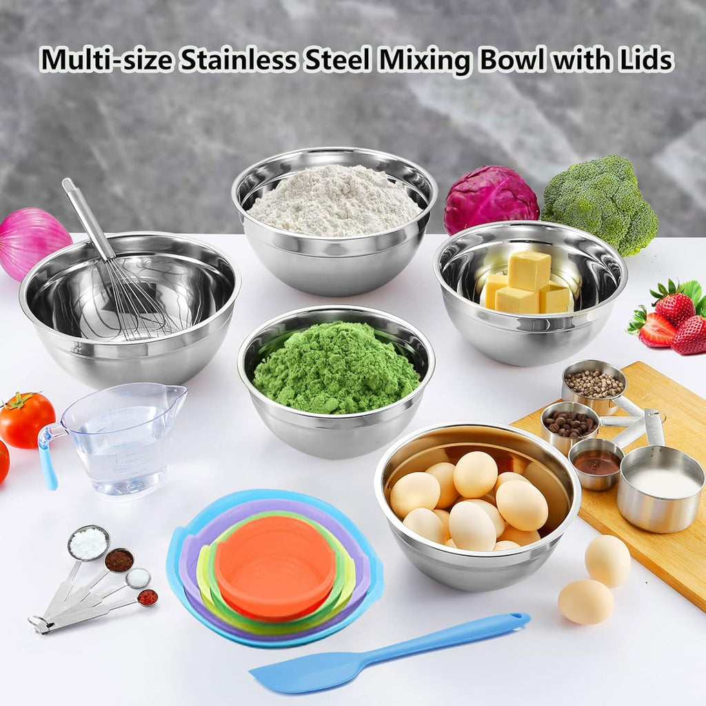 22-Piece Stainless Steel Mixing Bowl Set with Lids, Measuring Cups & Spoons