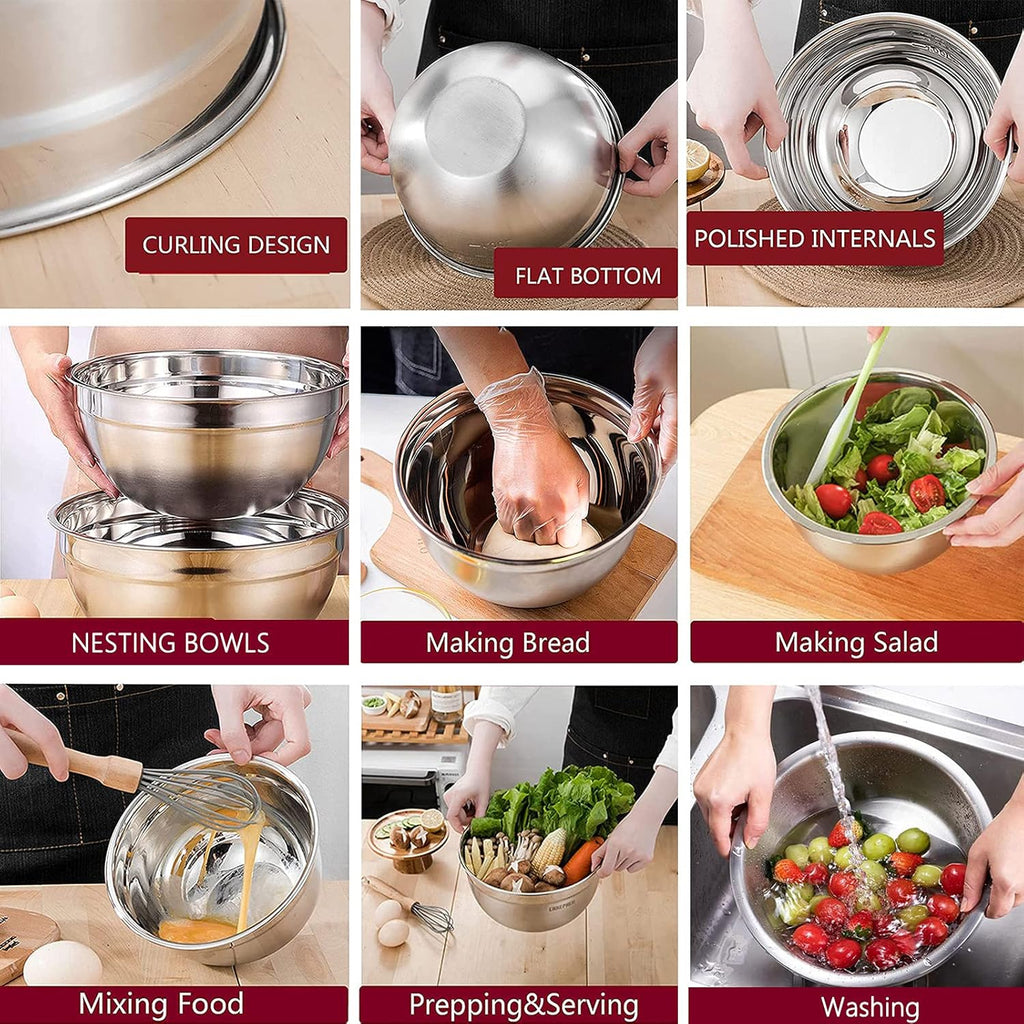 22-Piece Stainless Steel Mixing Bowl Set with Lids, Measuring Cups & Spoons