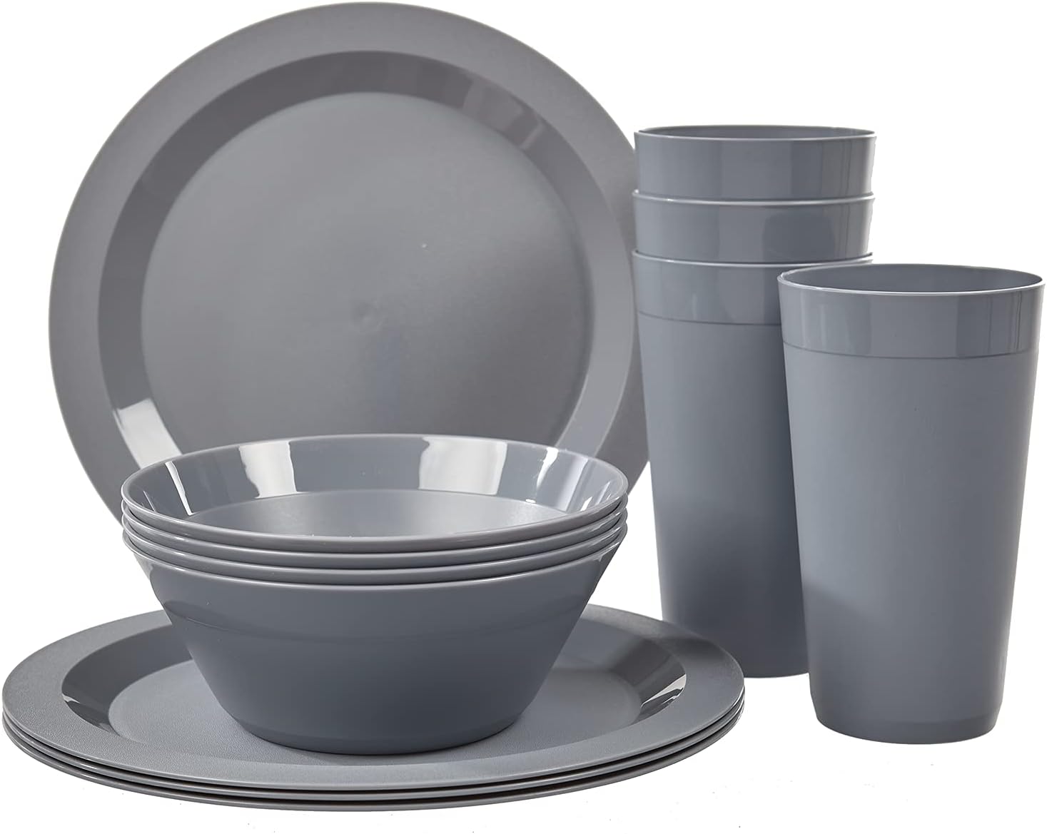 12-Piece Plastic Dinnerware Set for 4 – Plates, Bowls & Tumblers | Grey Stone | Made in USA