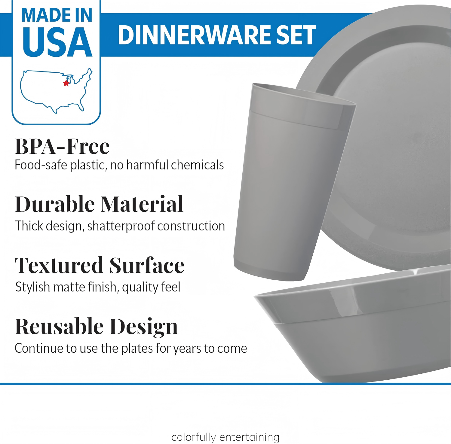 12-Piece Plastic Dinnerware Set for 4 – Plates, Bowls & Tumblers | Grey Stone | Made in USA
