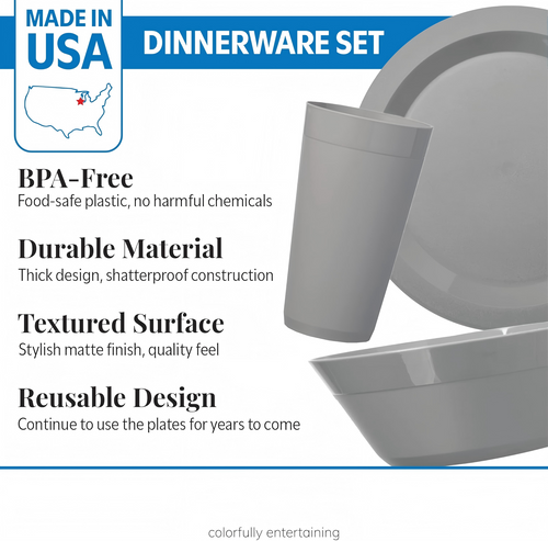 12-Piece Plastic Dinnerware Set for 4 – Plates, Bowls & Tumblers | Grey Stone | Made in USA