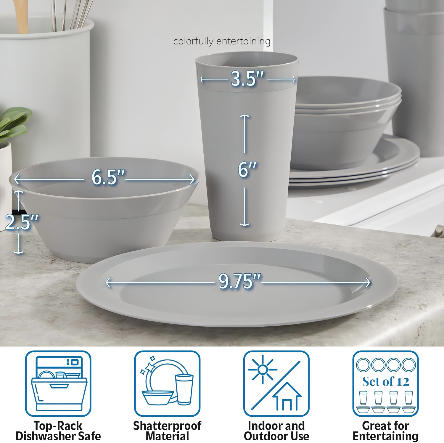 12-Piece Plastic Dinnerware Set for 4 – Plates, Bowls & Tumblers | Grey Stone | Made in USA