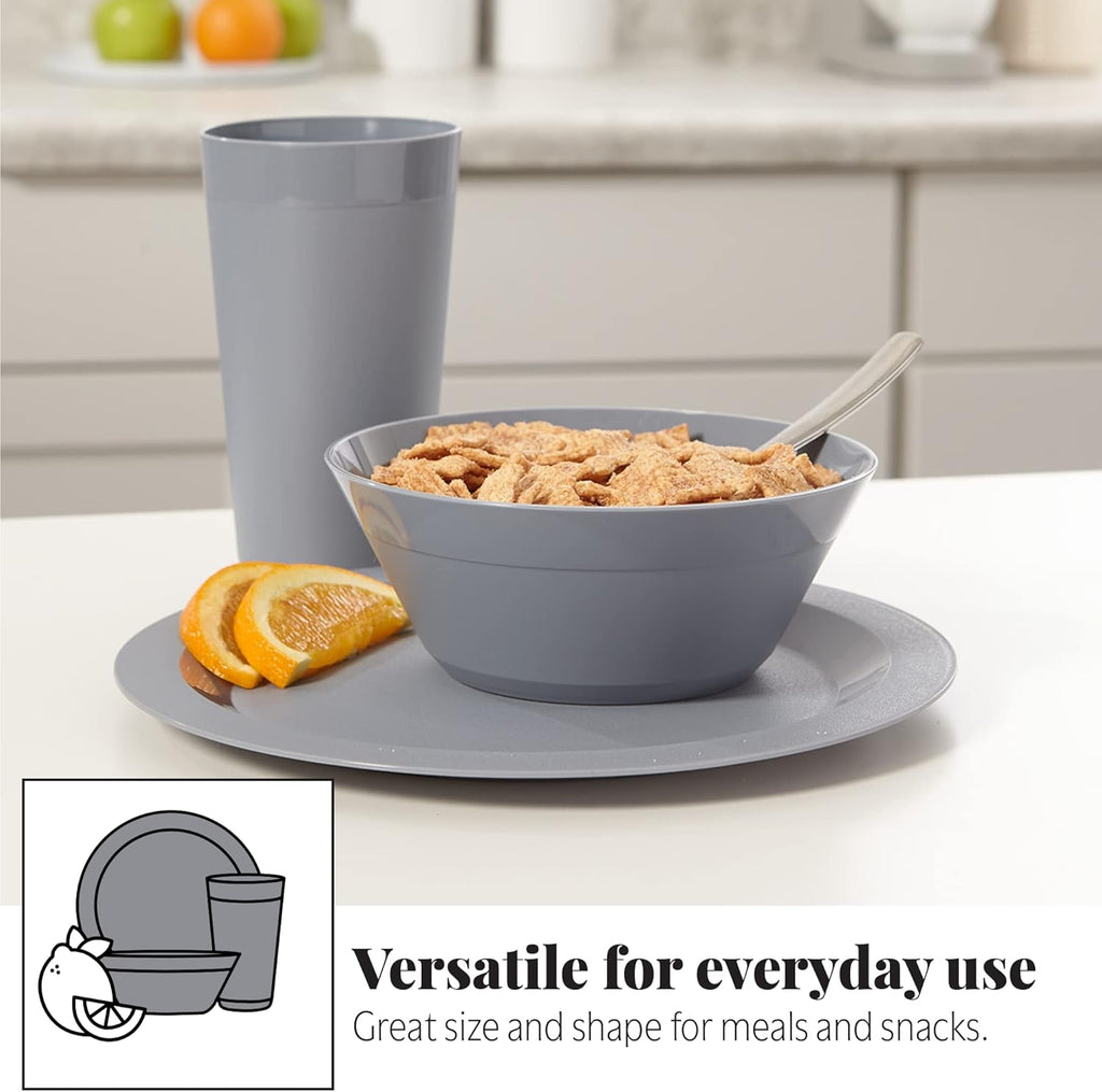 12-Piece Plastic Dinnerware Set for 4 – Plates, Bowls & Tumblers | Grey Stone | Made in USA