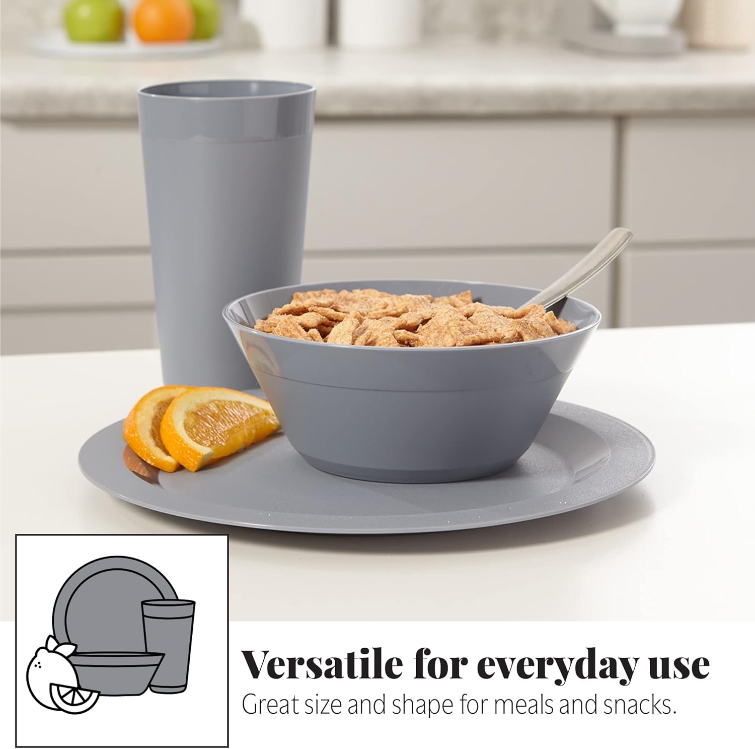 12-Piece Plastic Dinnerware Set for 4 – Plates, Bowls & Tumblers | Grey Stone | Made in USA
