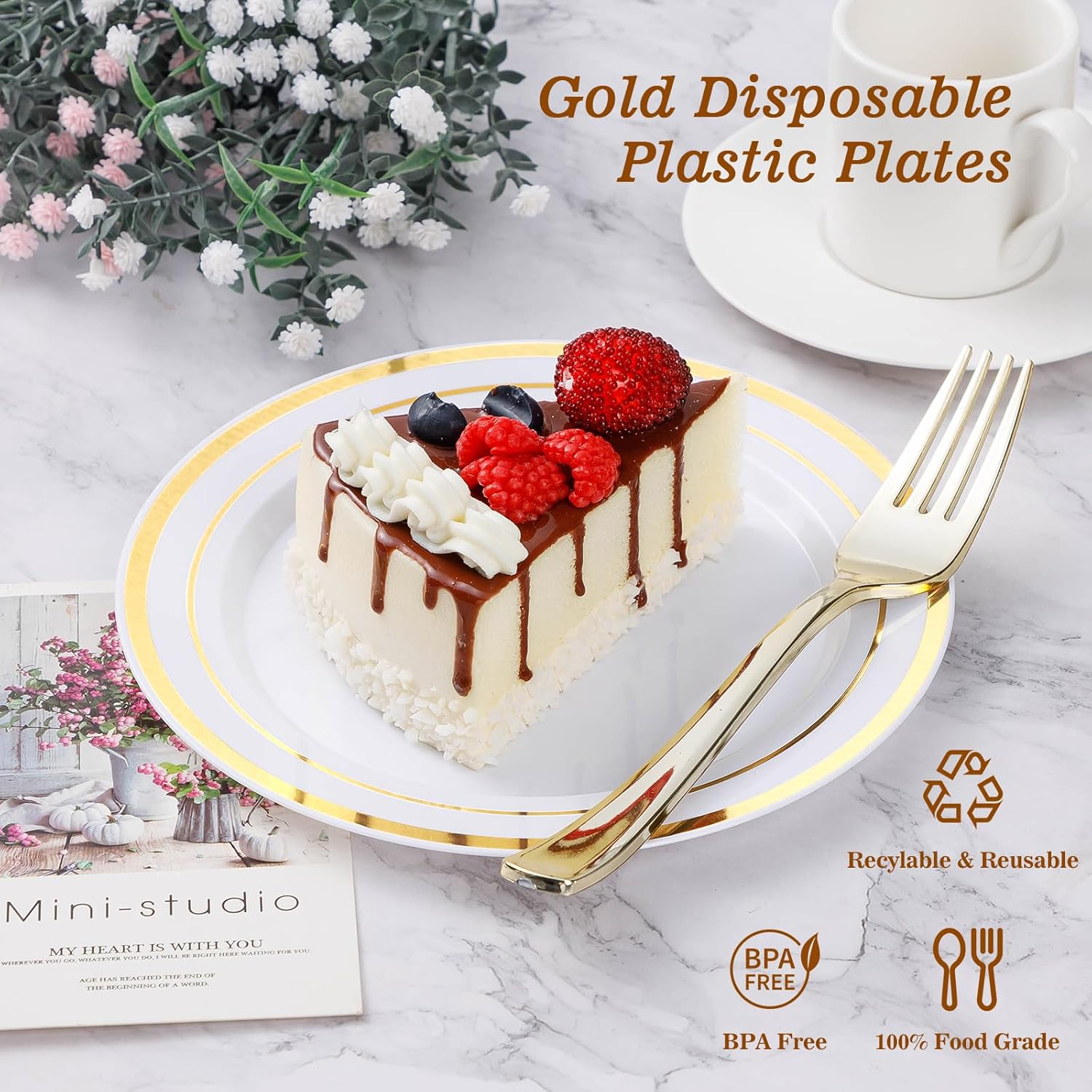 200-Piece Gold Disposable Party Plates – 100 Dinner + 100 Dessert Plates
