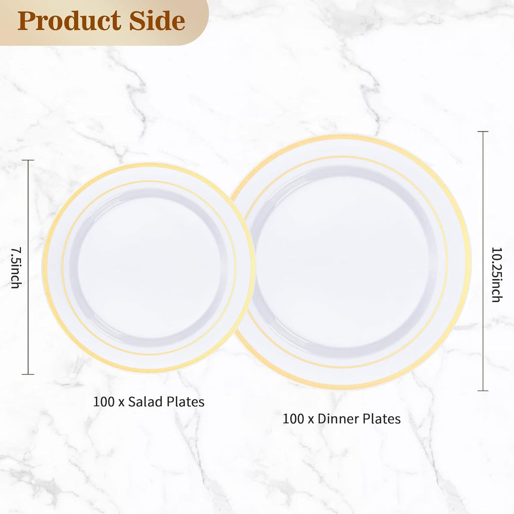 200-Piece Gold Disposable Party Plates – 100 Dinner + 100 Dessert Plates