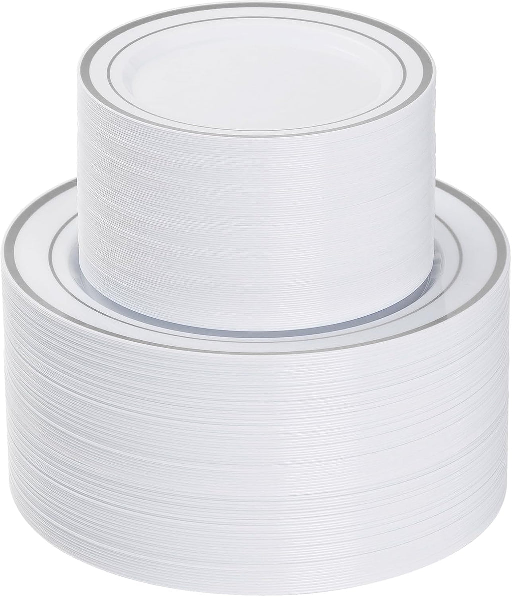 200-Piece Silver Disposable Party Plates – 100 Dinner (10.25") + 100 Dessert (7.5") Plates