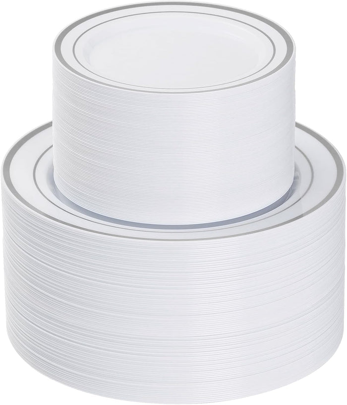 200-Piece Silver Disposable Party Plates – 100 Dinner (10.25") + 100 Dessert (7.5") Plates