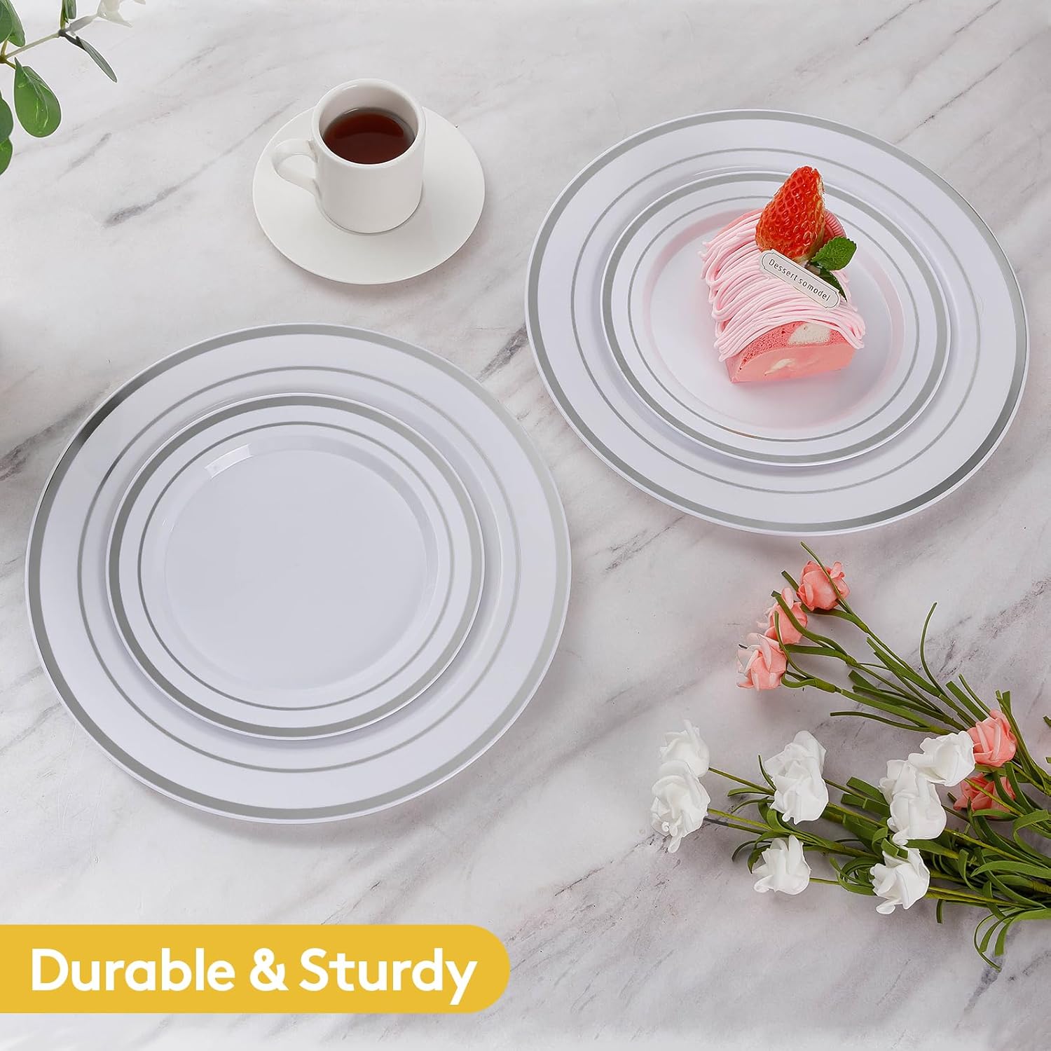 200-Piece Silver Disposable Party Plates – 100 Dinner (10.25") + 100 Dessert (7.5") Plates