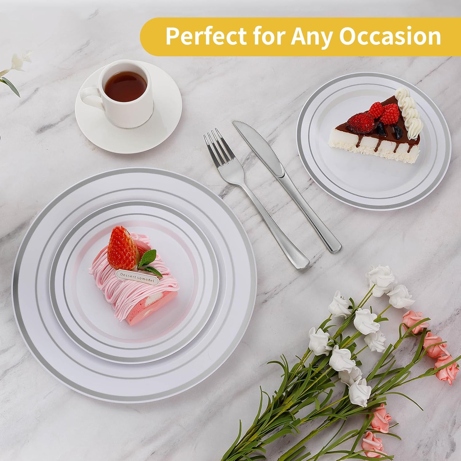 200-Piece Silver Disposable Party Plates – 100 Dinner (10.25") + 100 Dessert (7.5") Plates