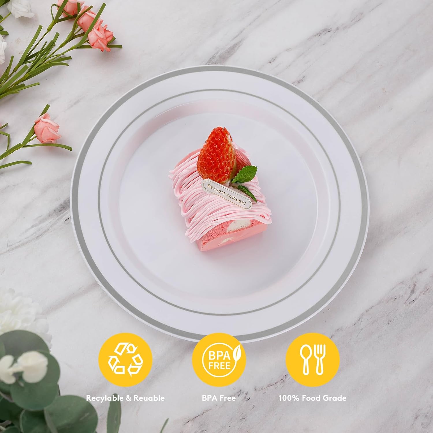 200-Piece Silver Disposable Party Plates – 100 Dinner (10.25") + 100 Dessert (7.5") Plates